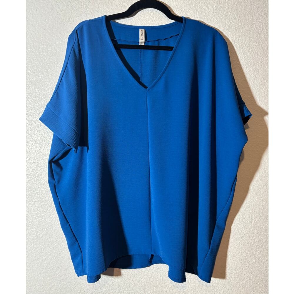 Zenana Women's Size M Airflow Dolman Top V-Neck Blue Relaxed Drape QT-1214D4